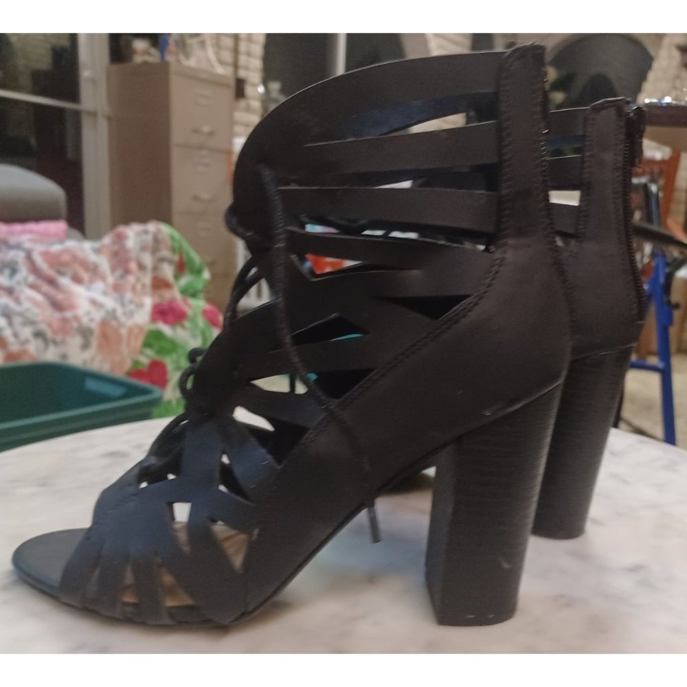 D Brand Y2K Faux Leather Lace-Up Open Toe Heels (4") Zip at Back Black 7.5